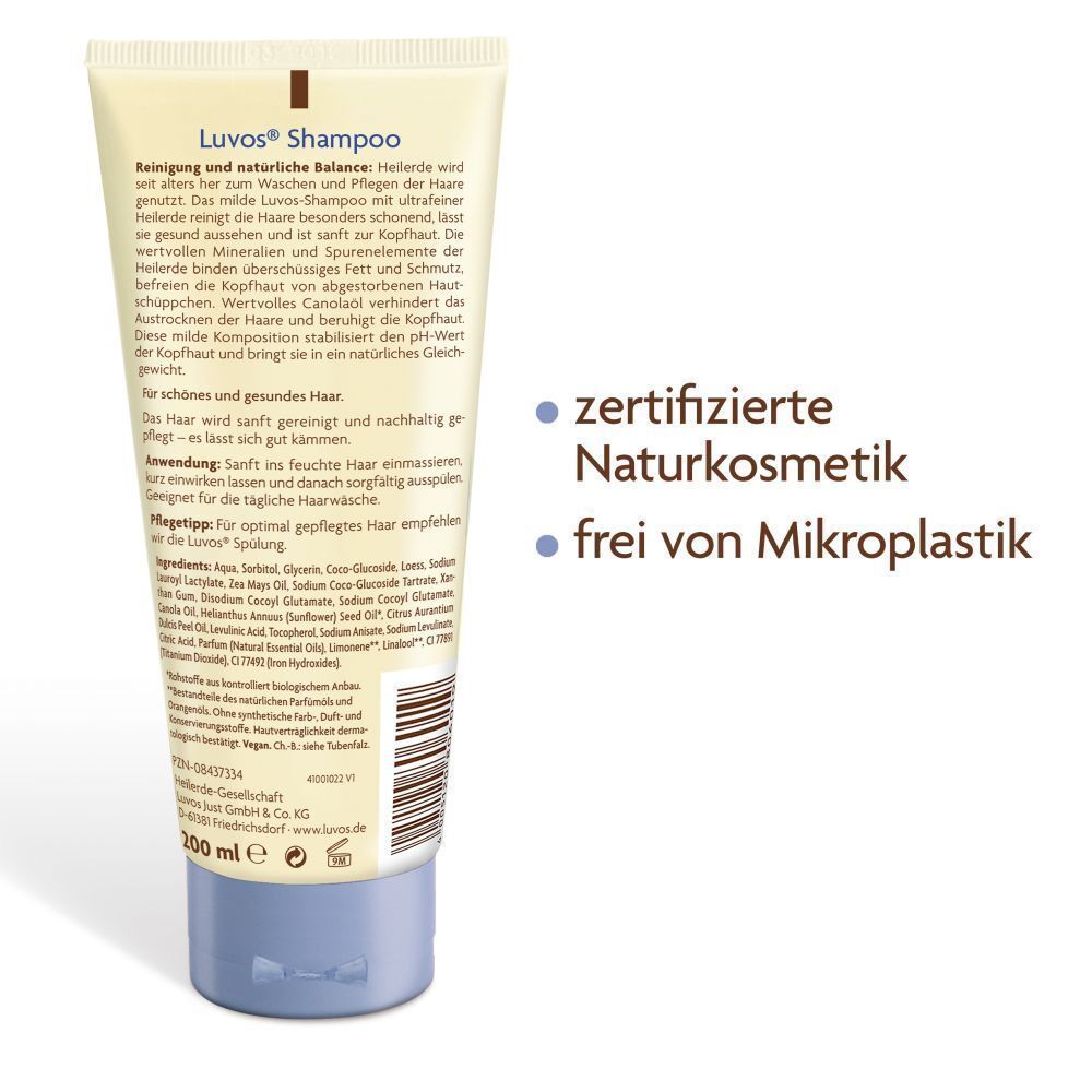 Rückseite einer Tube Luvos-Heilerde Shampoo. Zertifizierte Naturkosmetik, frei von Mikroplastik.