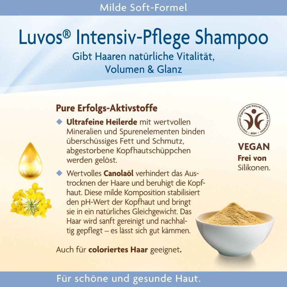 Luvos Intensiv-Pflege Shampoo: Ultrafine Heilerde, Canolaöl. Vegan, frei von Silikonen.