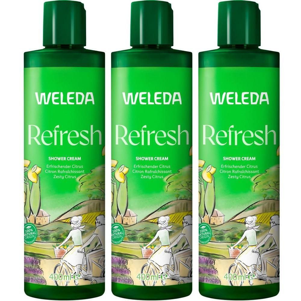 Drei Flaschen Weleda Refresh Duschcreme mit Zitrusduft, 400ml.
