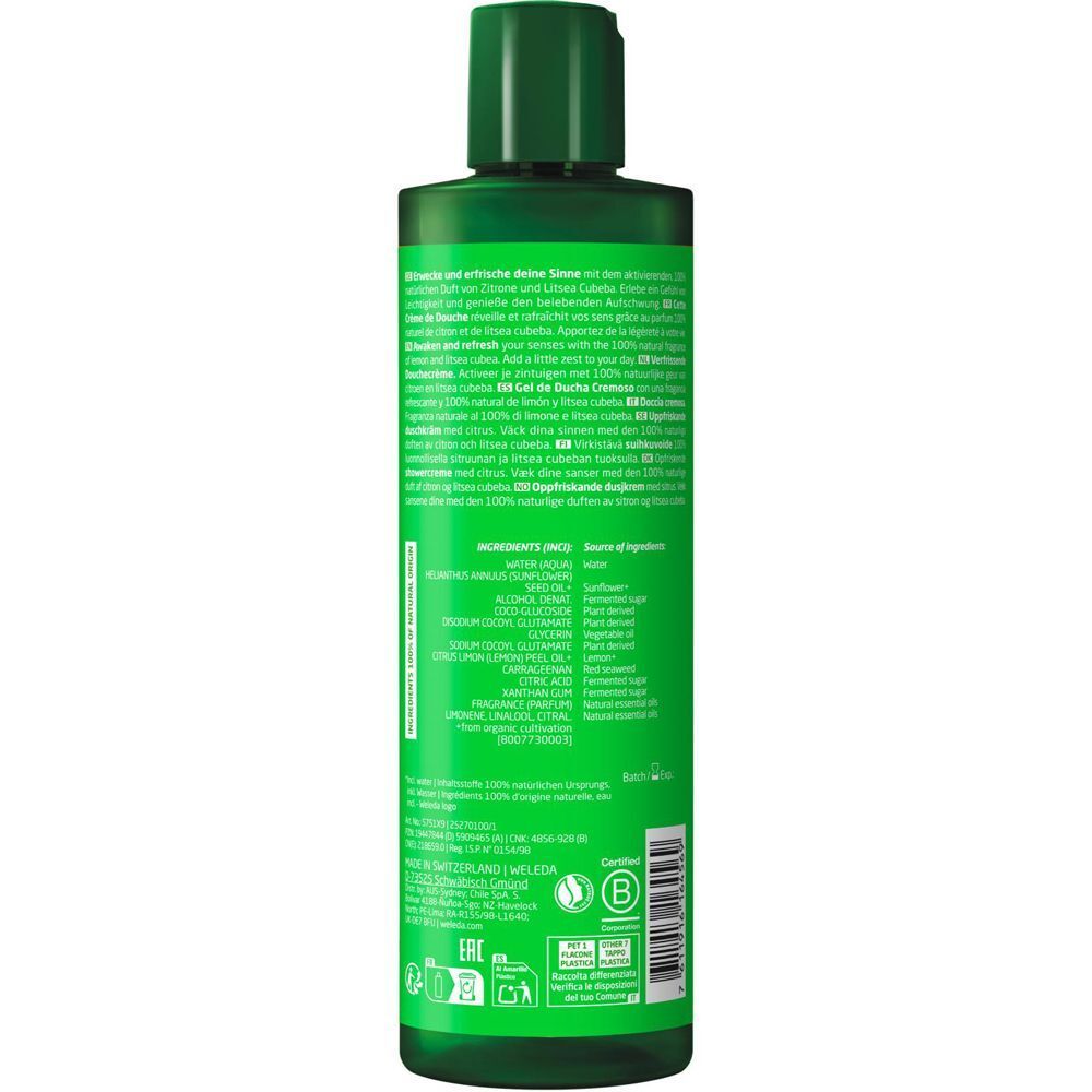 Rückseite einer grünen Flasche Weleda Refresh Duschcreme mit Inhaltsangaben.