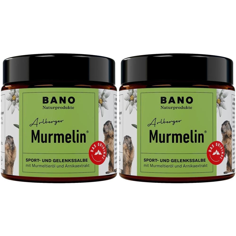 Zwei Gläser MURMELIN® SPORT- UND GELENKSALBE mit Murmeltieröl und Arnikaextrakt.