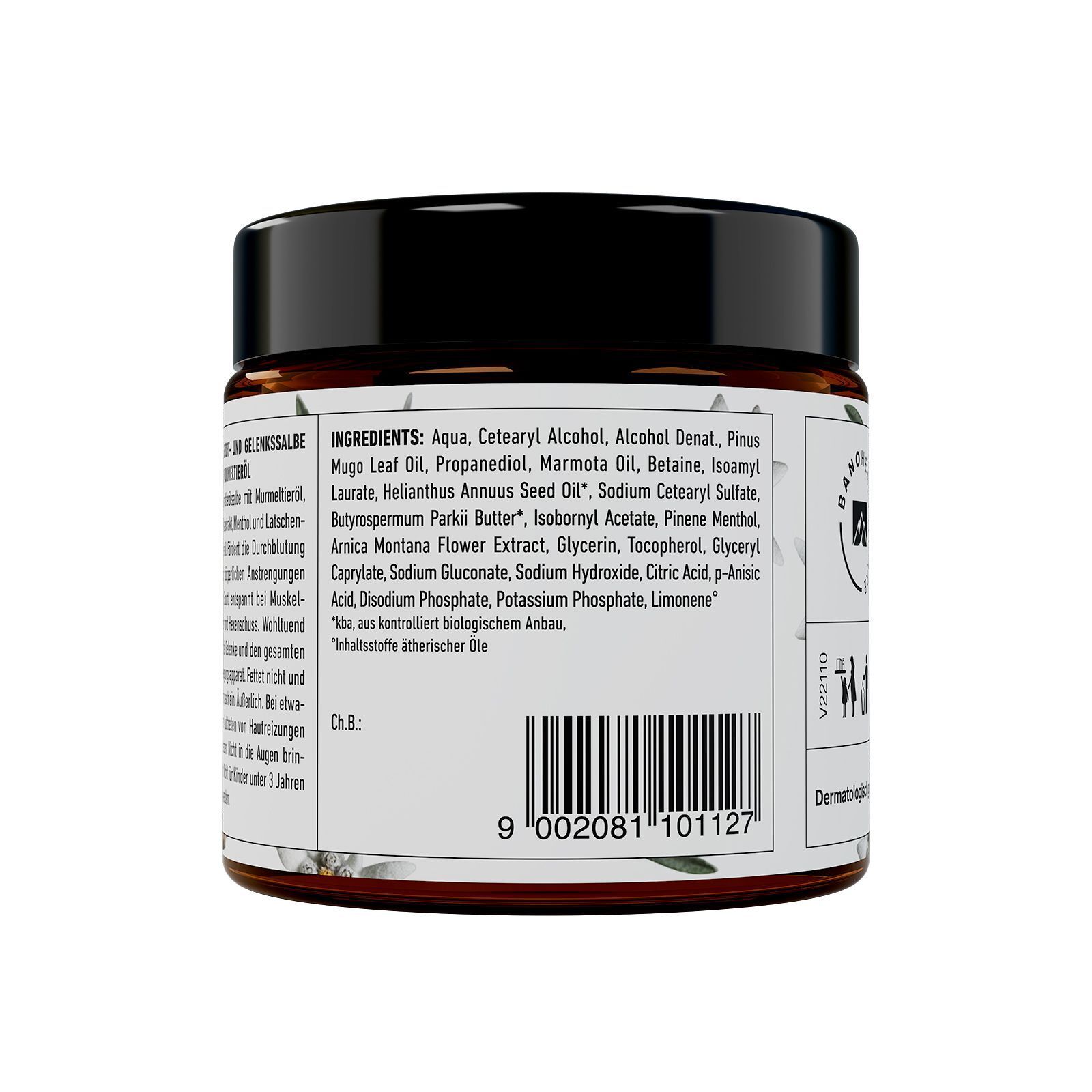 Rückseite eines Glases MURMELIN® SPORT- UND GELENKSALBE mit Zutatenliste und Barcode.