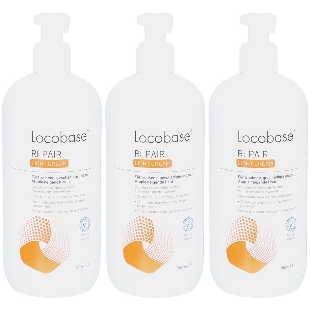 Drei weiße Pumpflaschen Locobase Repair Light Cream mit orangem Kreisdesign und Text.