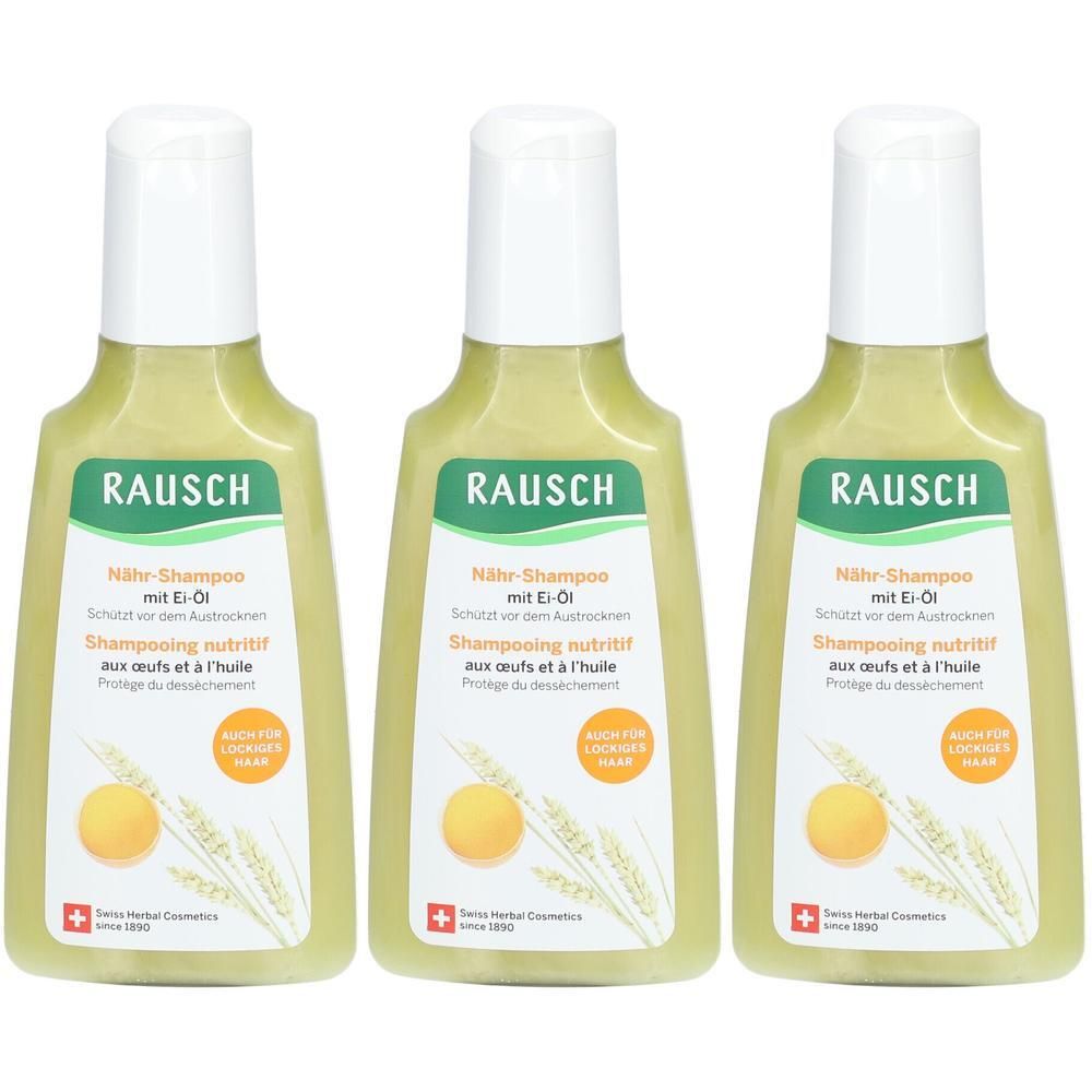 Drei Flaschen RAUSCH Nähr-Shampoo mit Ei-Öl. Gelbe Flüssigkeit, weiße Verschlüsse. Mit Ei- und Weizenähren-Symbolen.