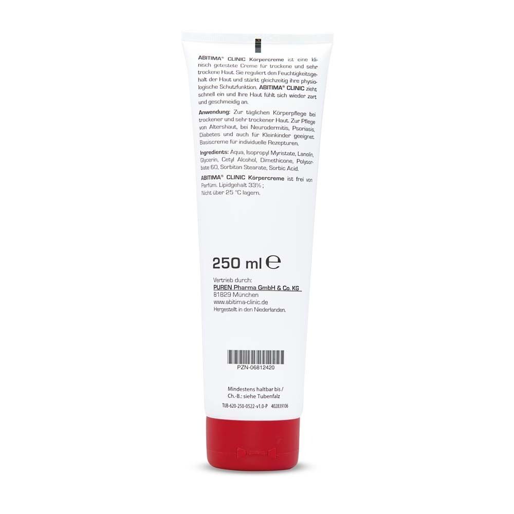 Rückseite einer Tube ABITIMA® CLINIC Körpercreme mit Produktinformationen und 250 ml Angabe.
