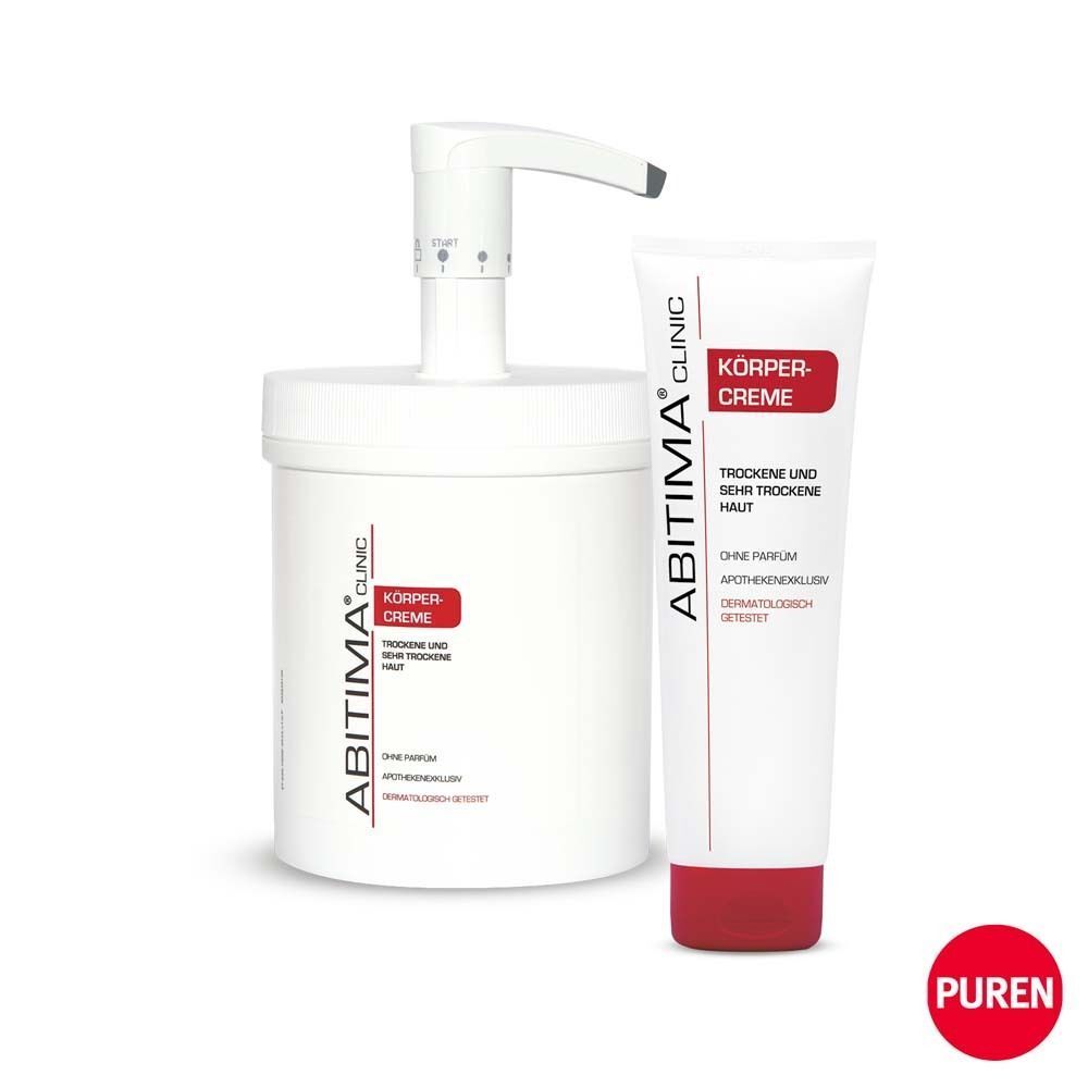 Großer Spender mit Pumpe und eine Tube ABITIMA® CLINIC Körpercreme daneben.
