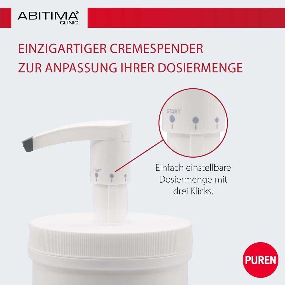 Detailansicht eines Dosierkopfes mit einstellbarer Menge für ABITIMA® CLINIC Körpercreme.