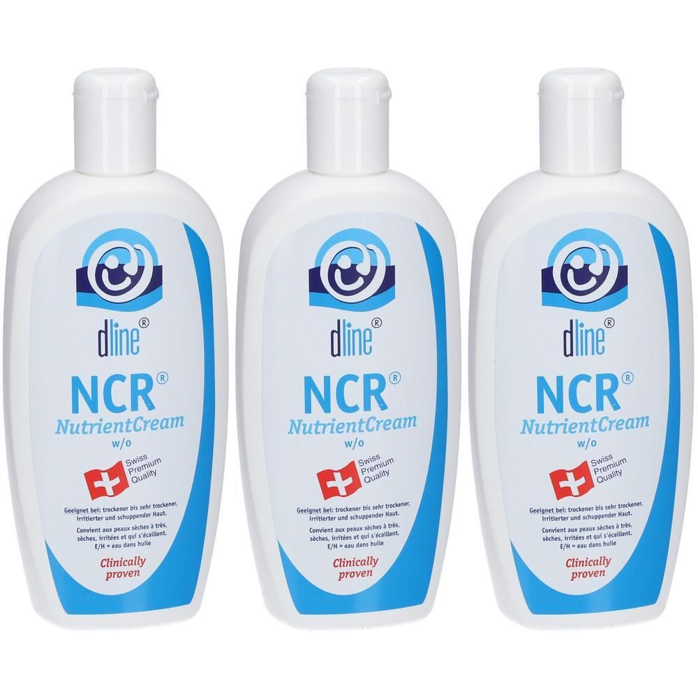 Drei weiße Flaschen NCR NutrientCream mit blauem Etikett und Schweizer Qualitätszeichen.