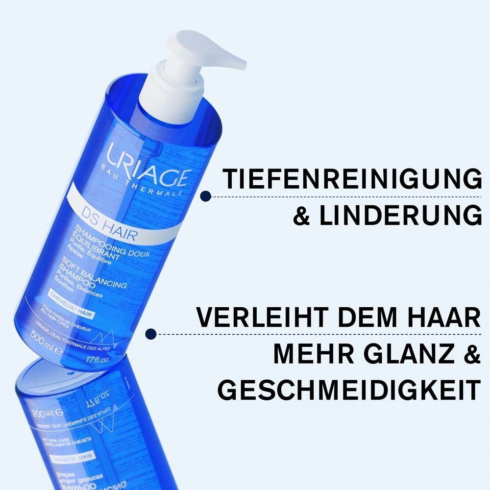 Uriage DS Hair Soft Balancing Shampoo Flasche, die Tiefe Reinigung und Linderung verspricht.