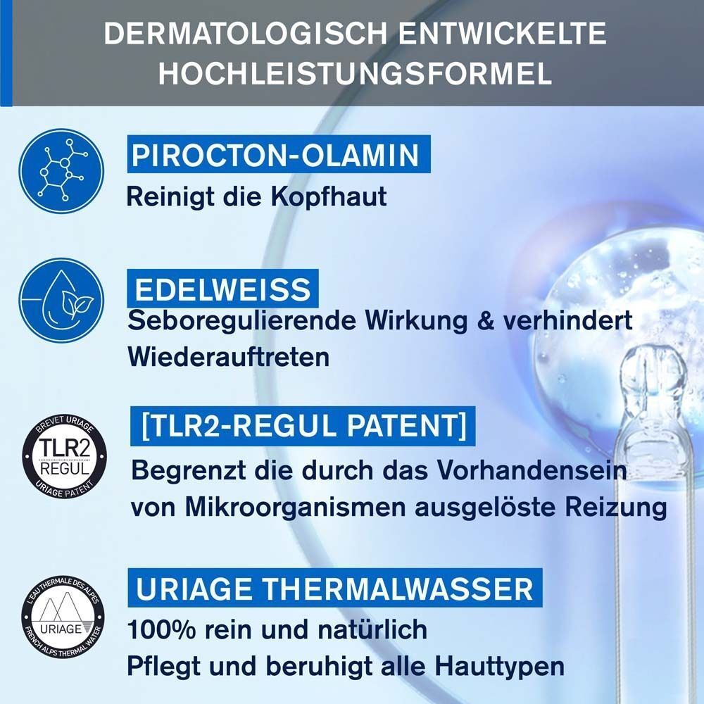 Inhaltsstoffe von Uriage DS Hair Shampoo: Pirocton-Olamine, Edelweiss, TLR2-Regul Patent, Thermalwasser.