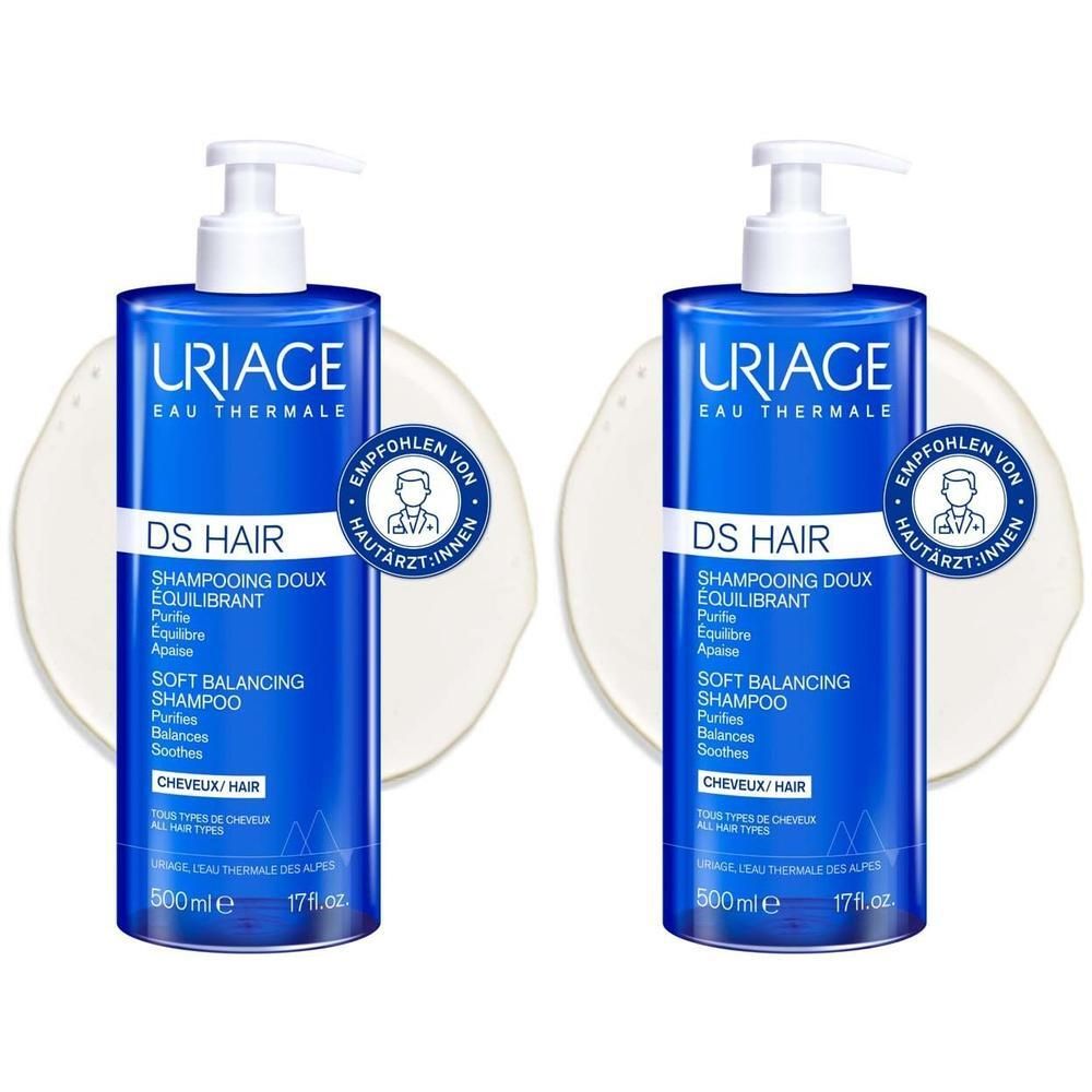 Zwei Flaschen Uriage DS Hair Soft Balancing Shampoo mit Pumpverschluss, 500ml.