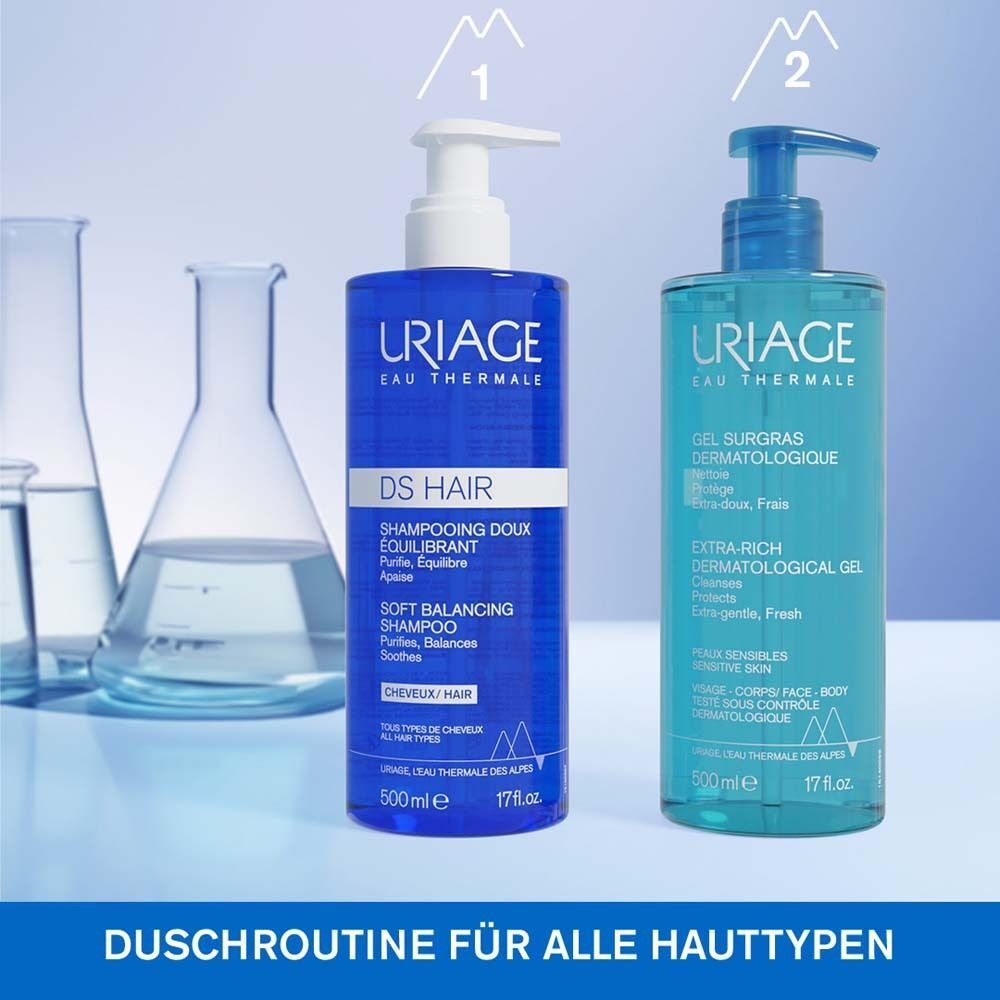 Vergleich von Uriage DS Hair Soft Balancing Shampoo und Uriage Extra-Rich Dermatological Gel.