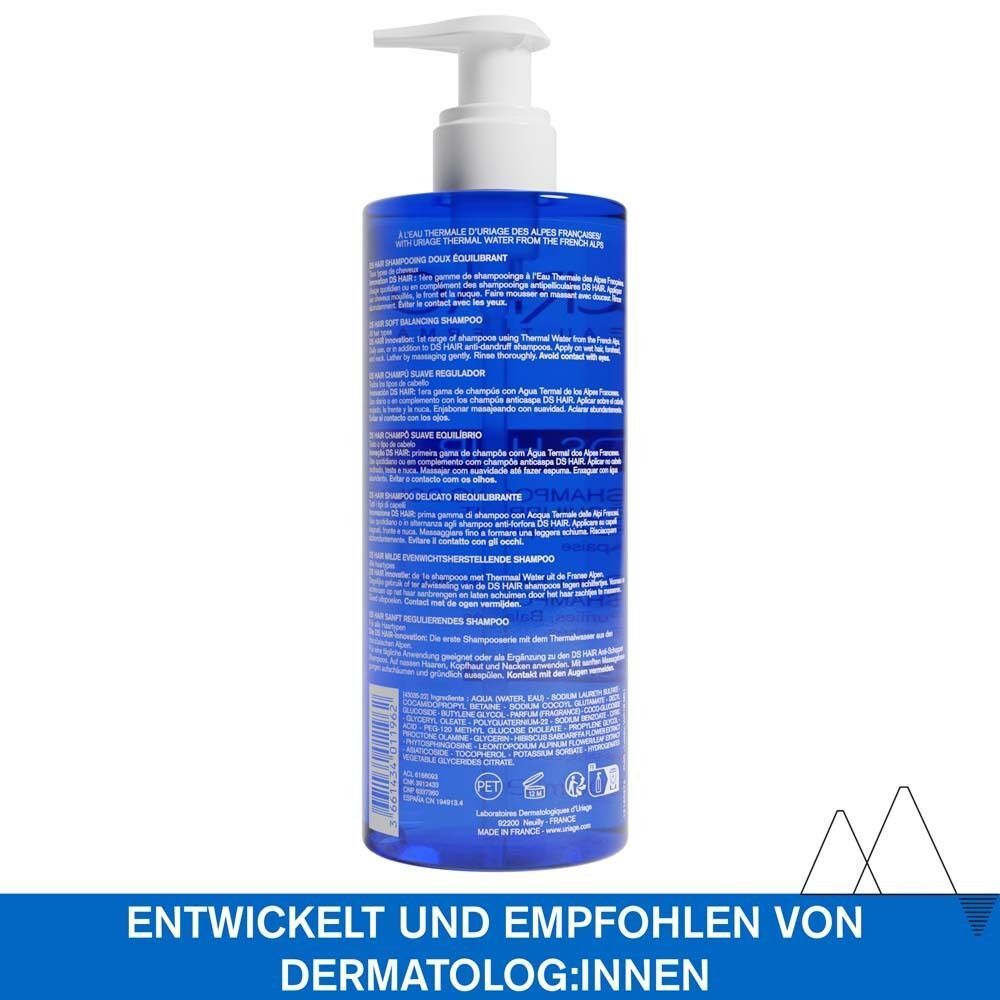 Rückseite einer Flasche Uriage DS Hair Soft Balancing Shampoo mit Anwendungshinweisen.