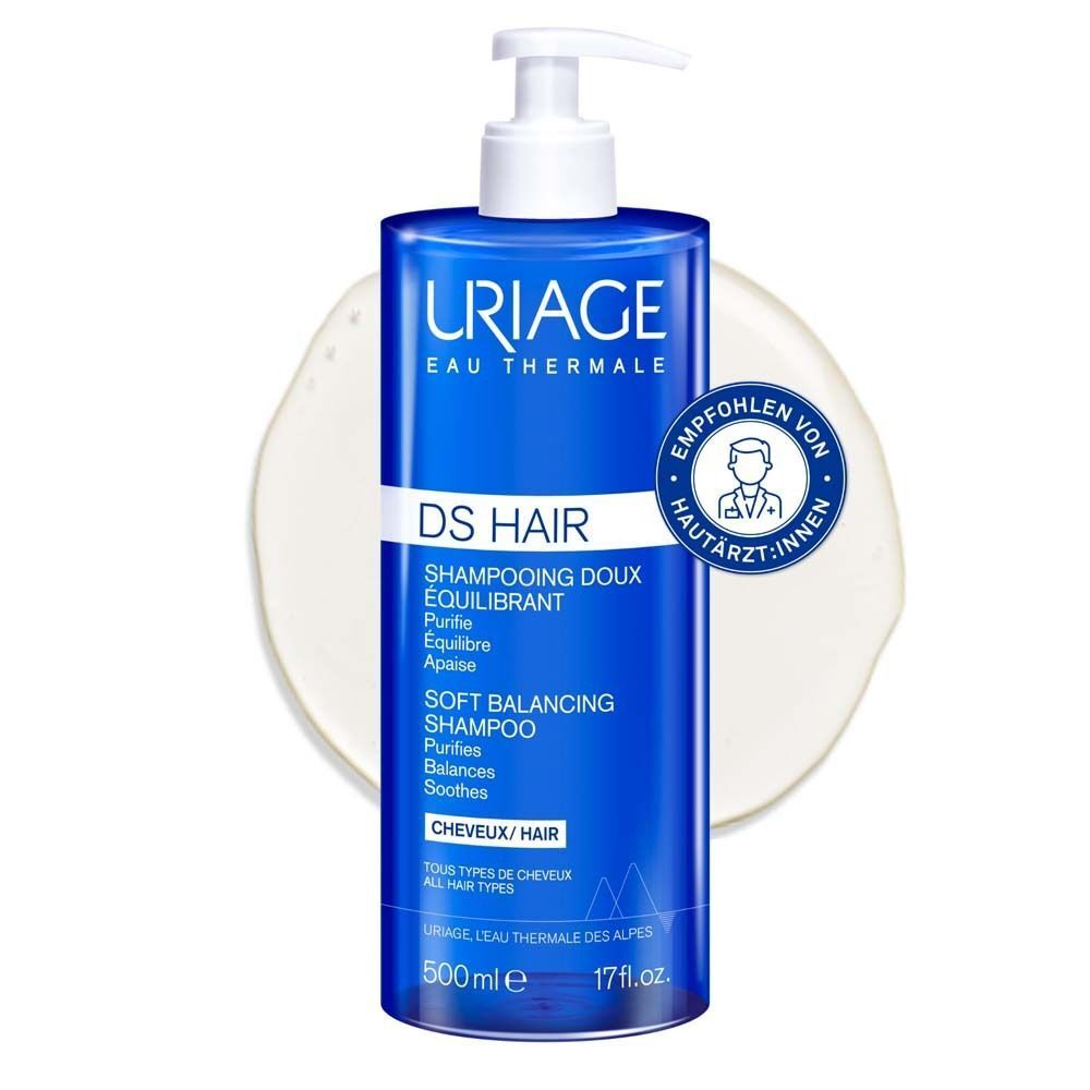 Eine Flasche Uriage DS Hair Soft Balancing Shampoo mit Pumpverschluss, 500ml.