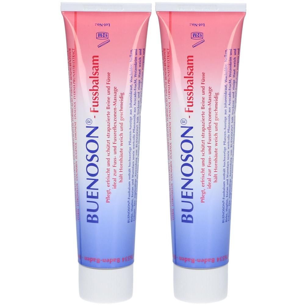 Zwei Tuben Buenoson® Fußbalsam mit rosa und blauer Farbverlauf-Verpackung. Text auf Deutsch.