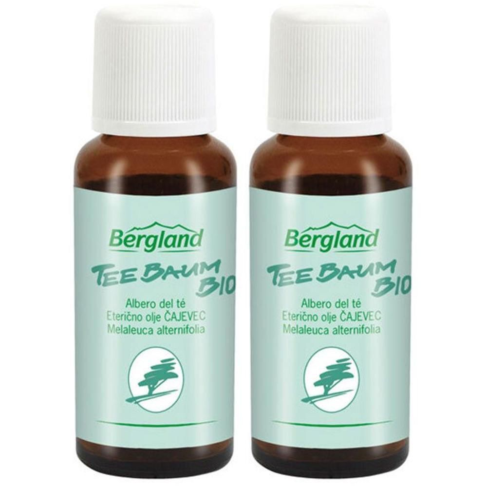 Zwei Flaschen Bergland Teebaumöl Bio mit weißem Schraubverschluss. Braunes Glas.