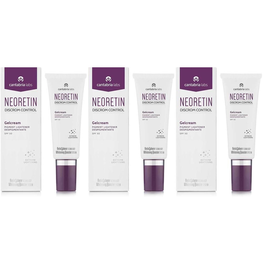 Fünf Tuben und Schachteln von Neoretin Discrom Control Gelcream SPF 50.