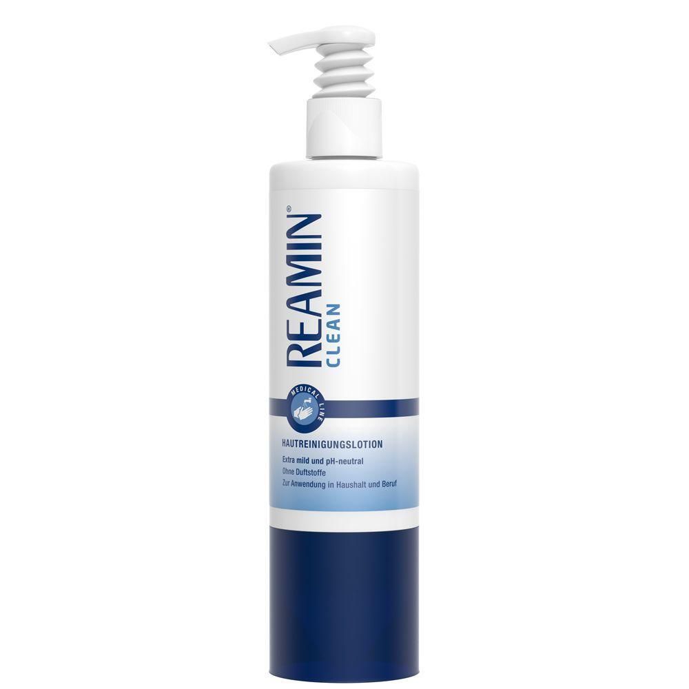 Weiße Pumpflasche mit blauer Banderole und Aufschrift REAMIN CLEAN. Hautreinigungsotion.