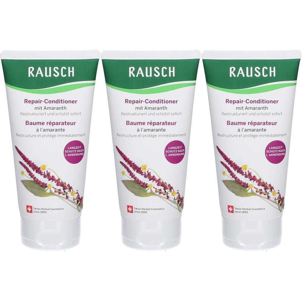 Drei RAUSCH Repair-Conditioner Amaranth Tuben mit Abbildung einer Amaranth-Pflanze und Schweizer Kreuz.