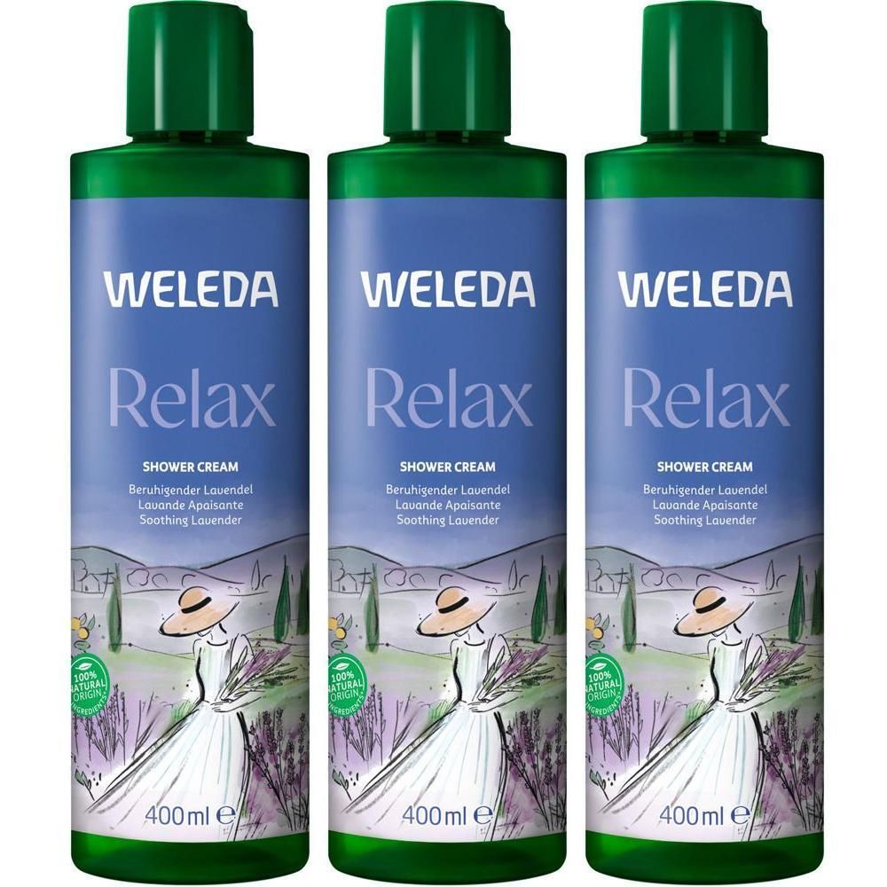Drei Flaschen Weleda Relax Duschcreme Lavendel mit grünen Verschlüssen und Etiketten, die eine Frau mit Hut und Lavendel zeigen.