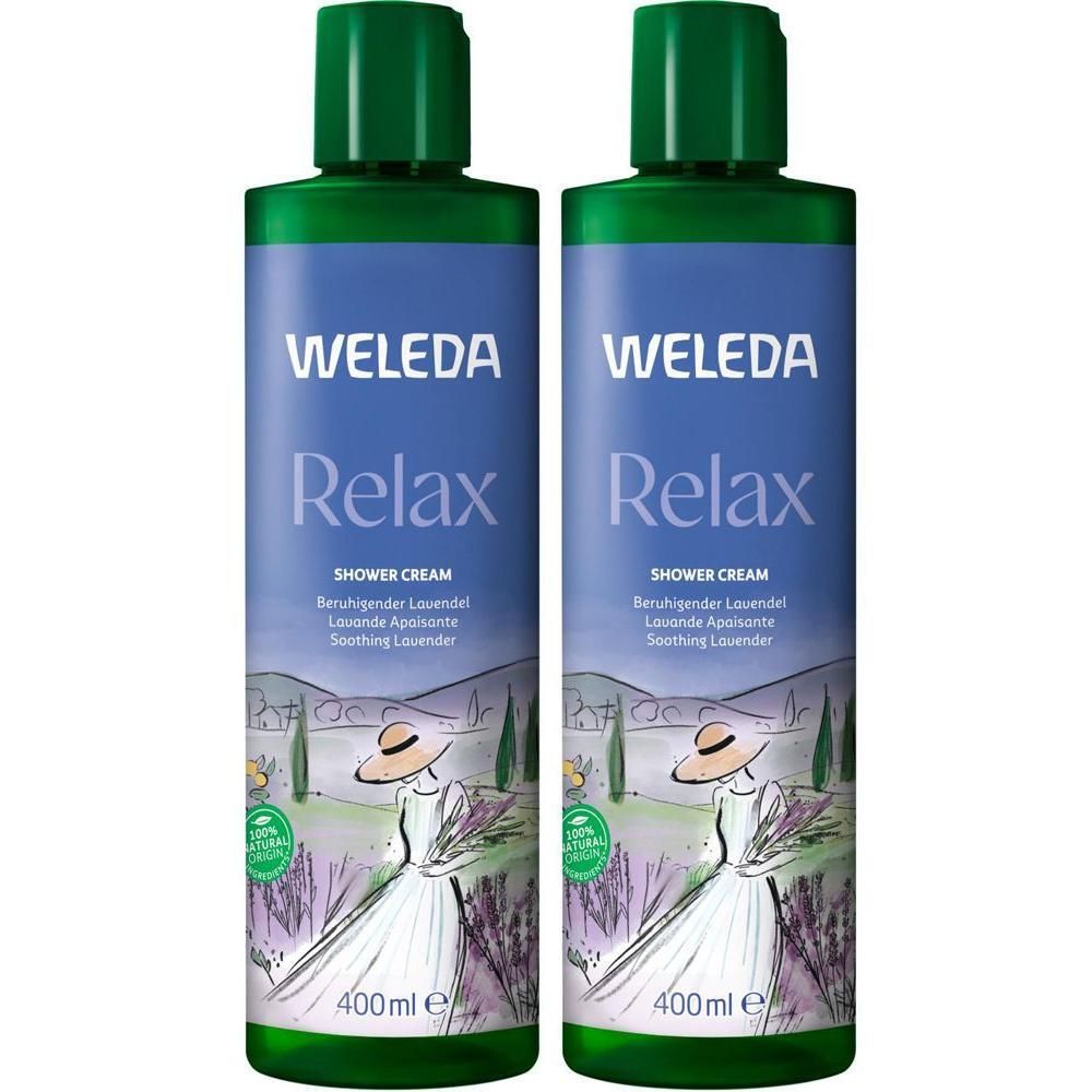 Zwei Flaschen Weleda Relax Duschcreme Lavendel, 400ml, mit Lavendel-Motiv.