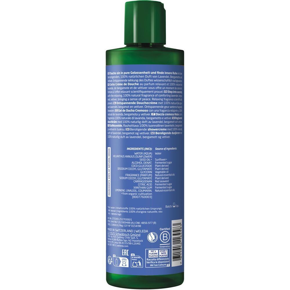 Rückseite einer Weleda Relax Duschcreme Flasche mit Inhaltsstoffen und Zertifizierungen.