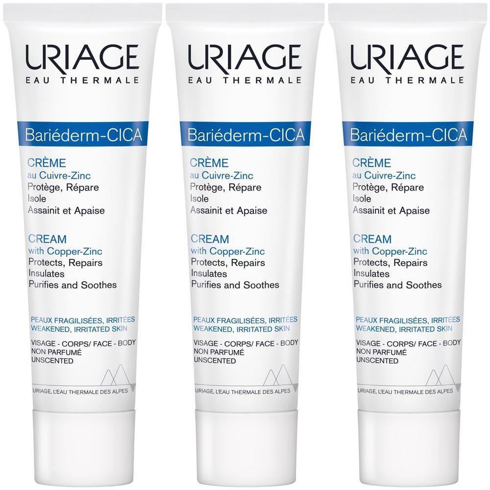 Drei Tuben URIAGE Bariéderm-CICA Creme mit Kupfer-Zink. Schützt, repariert und beruhigt die Haut.