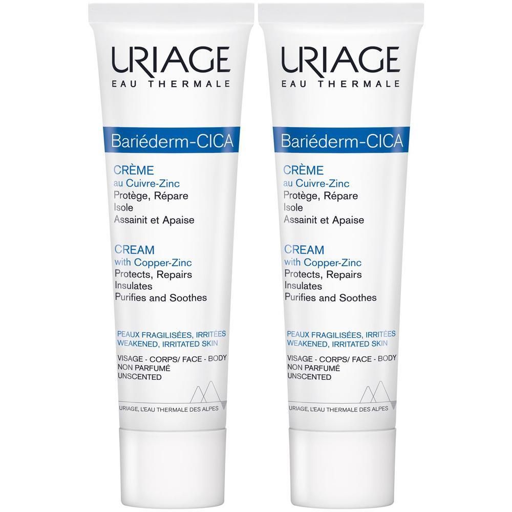 Zwei Tuben URIAGE Bariéderm-CICA Creme mit Kupfer-Zink. Für Gesicht, Körper, unparfümiert.