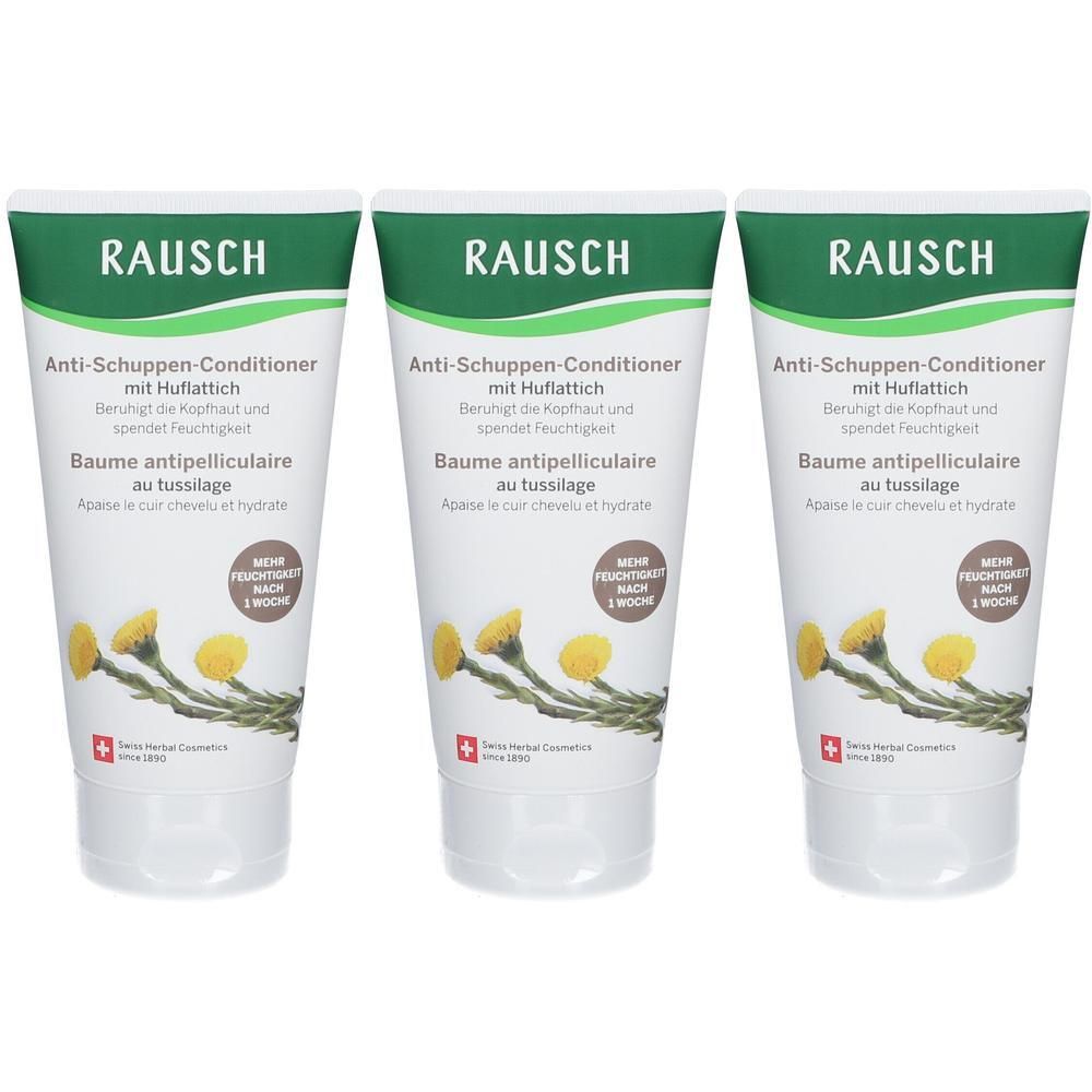 Drei RAUSCH Anti-Schuppen-Conditioner mit Huflattich in Tuben. Mit Schweizer Kreuz und Pflanzendetails.