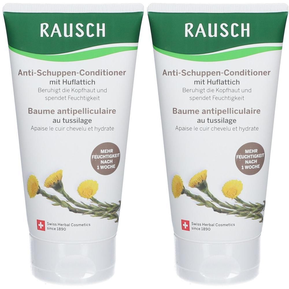 Zwei Tuben RAUSCH Anti-Schuppen-Conditioner mit Huflattich. Mit Schweizer Kräuter-Kosmetik Logo.