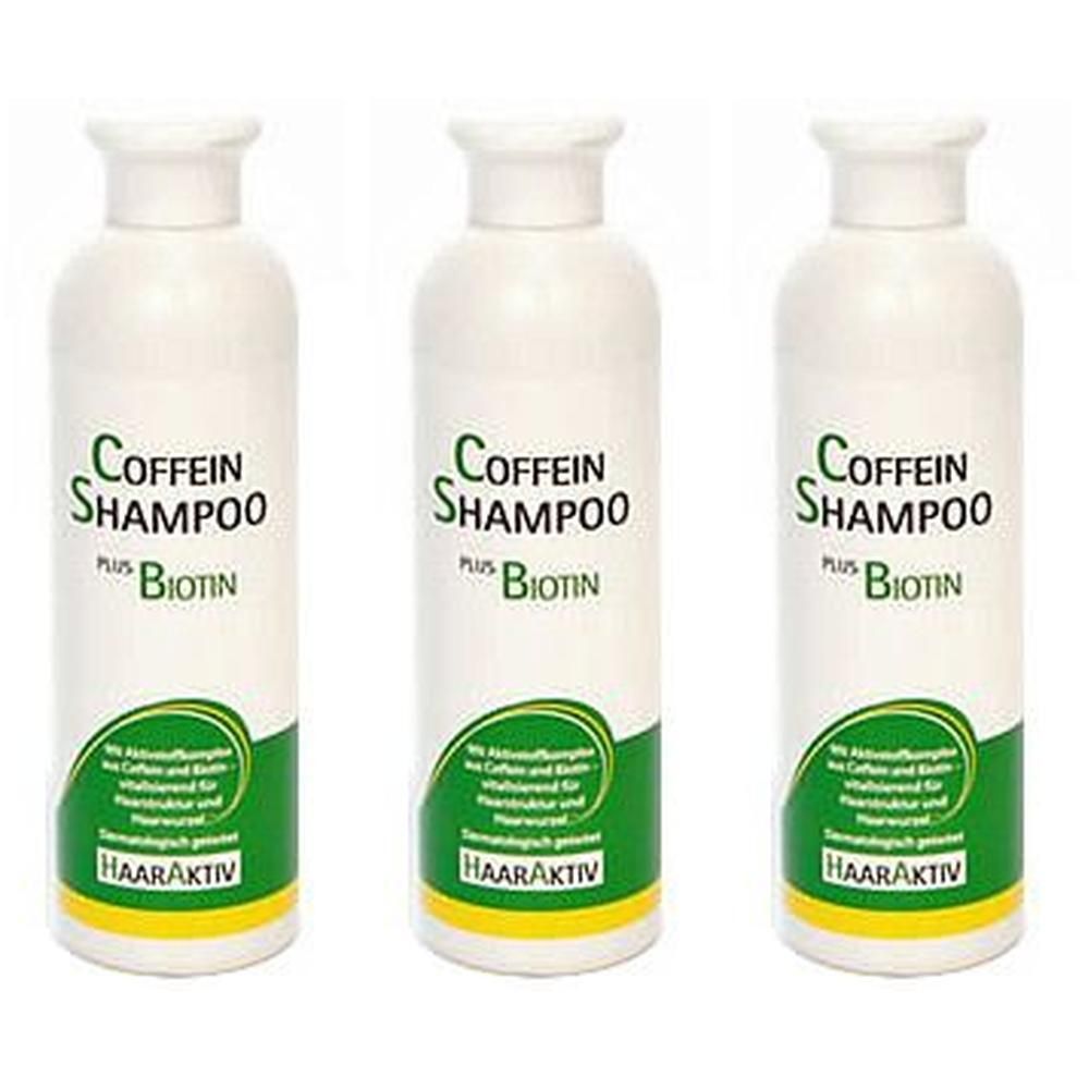 Drei weiße Flaschen Coffein Shampoo Plus Biotin mit grünen und gelben Etiketten.