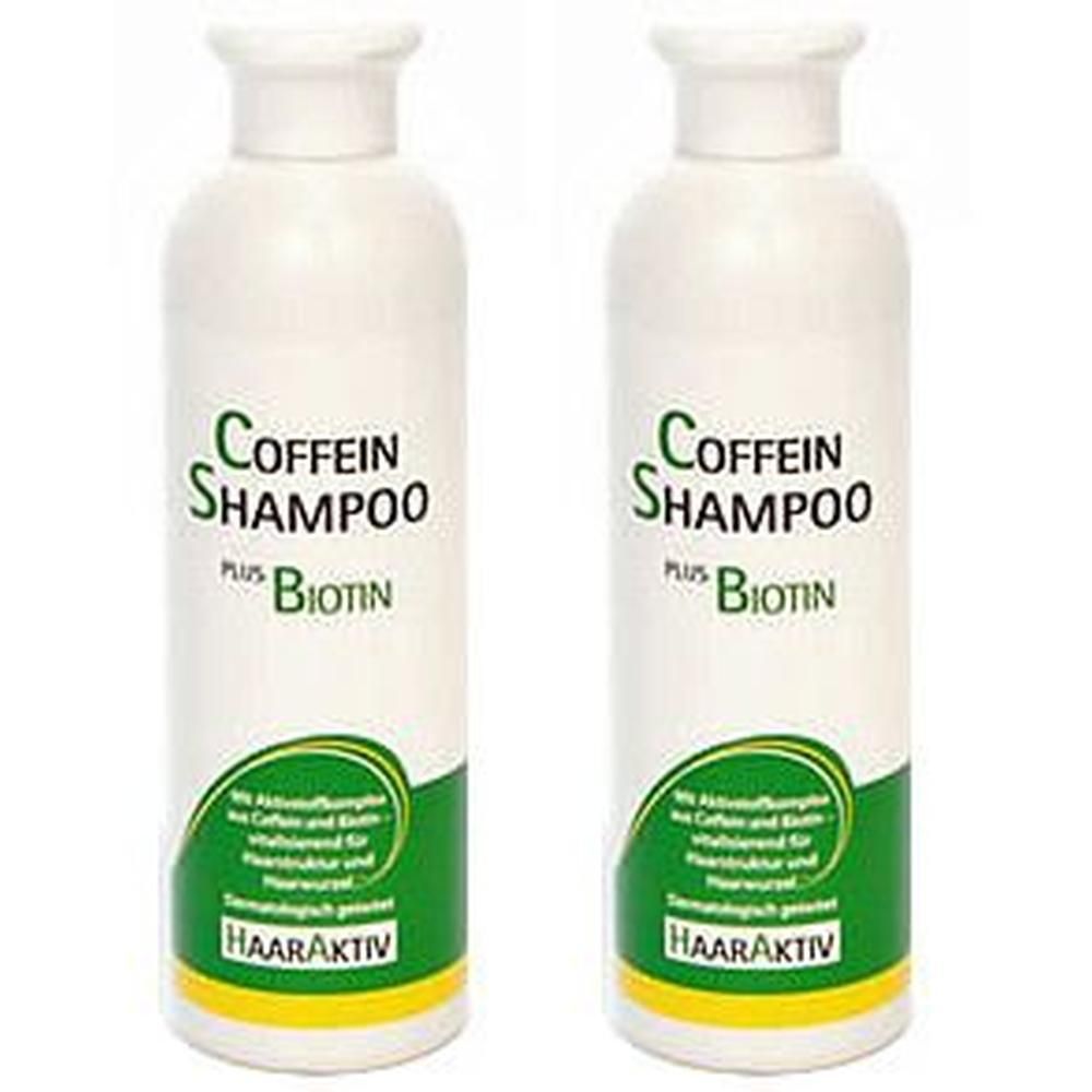 Zwei Flaschen Coffein Shampoo plus Biotin mit HAARAKTIV-Formel für Haar und Kopfhaut.