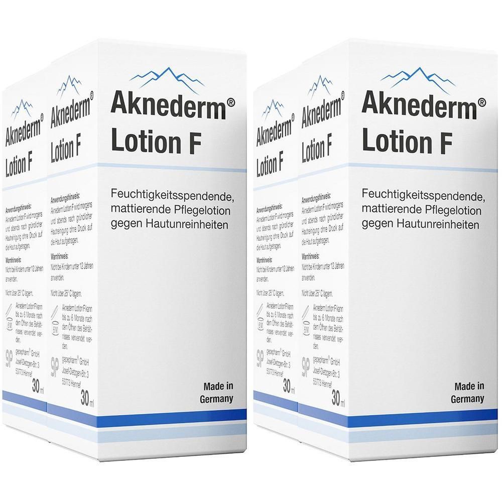 Zwei Packungen Aknederm® Lotion F, feuchtigkeitsspendende, mattierende Pflegelotion gegen Hautunreinheiten. Made in Germany.