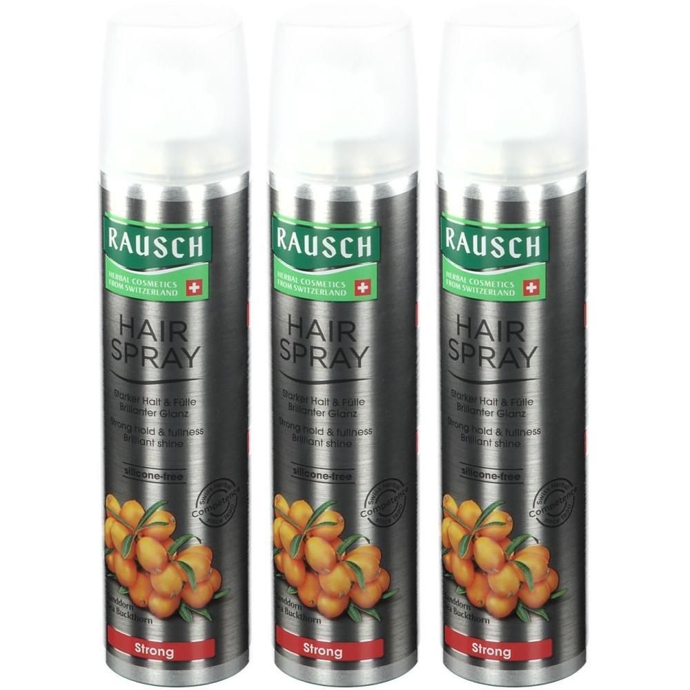 Drei RAUSCH Haarspray Strong Aerosoldosen mit Sanddorn-Motiv und Schweizer Kreuz.