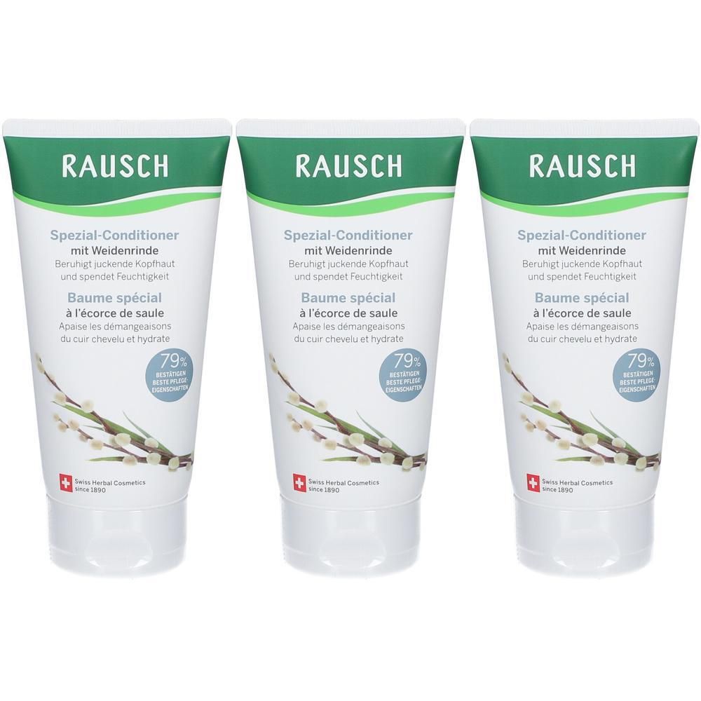 Drei Tuben RAUSCH Spezial-Conditioner mit Weidenrinde. Beruhigt juckende Kopfhaut und spendet Feuchtigkeit.