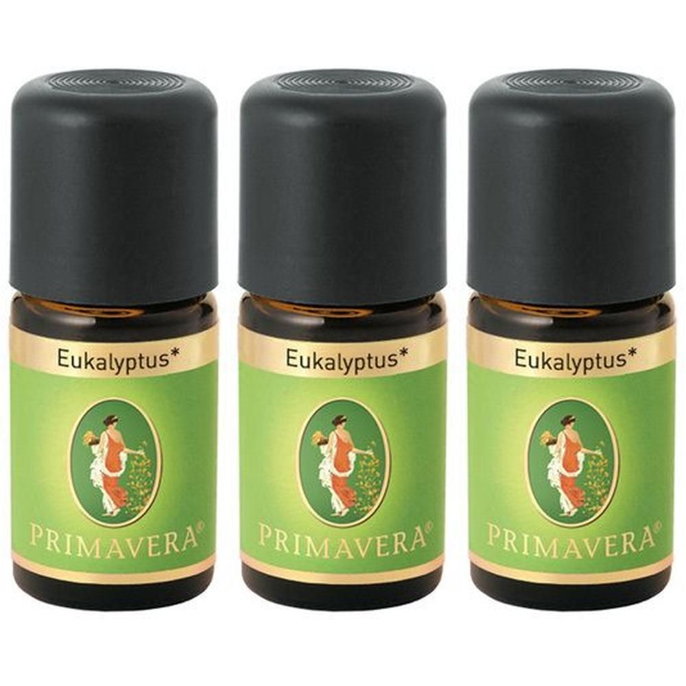 Drei PRIMAVERA Eukalyptus Öl Fläschchen mit schwarzen Kappen und grünen Etiketten.