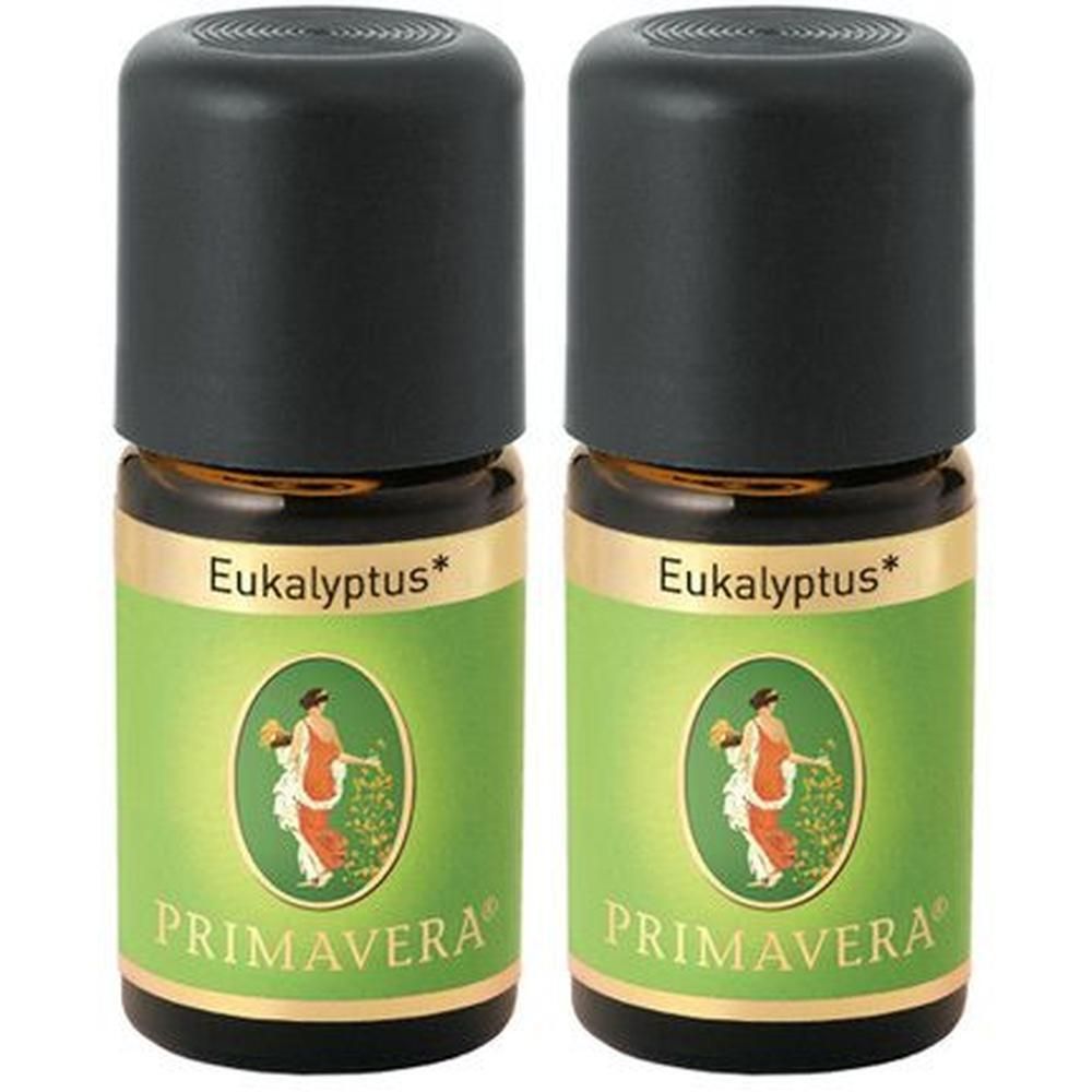 Zwei PRIMAVERA Eukalyptus BIO Fläschchen mit schwarzem Deckel und grünem Etikett.