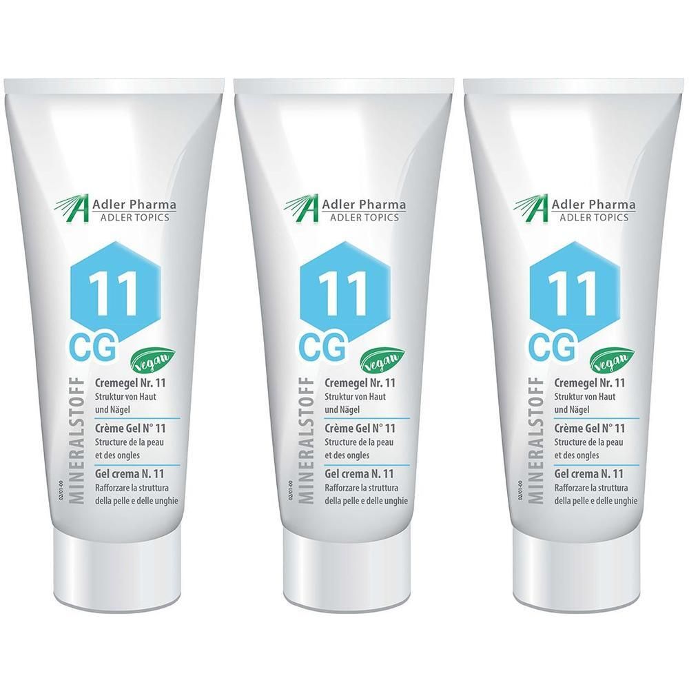 Drei Tuben MINERALSTOFF Cremegel Nr. 11 von Adler Pharma. Blaue hexagonale Markierung mit '11 CG'.