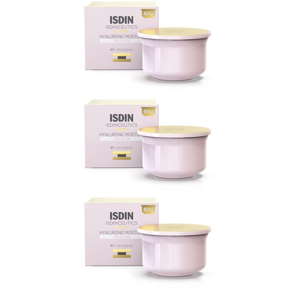 Drei ISDINCEUTICS Hyaluronic Moisture Tiegel mit Verpackung. Heller rosa Tiegel mit goldfarbenem Deckel.