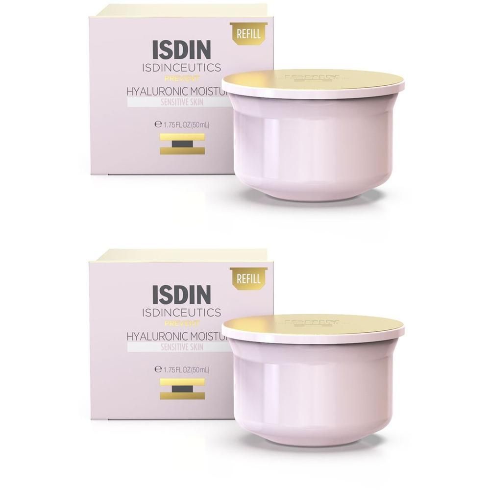 Zwei ISDINCEUTICS Hyaluronic Moisture Nachfüllpackungen mit Umverpackung.