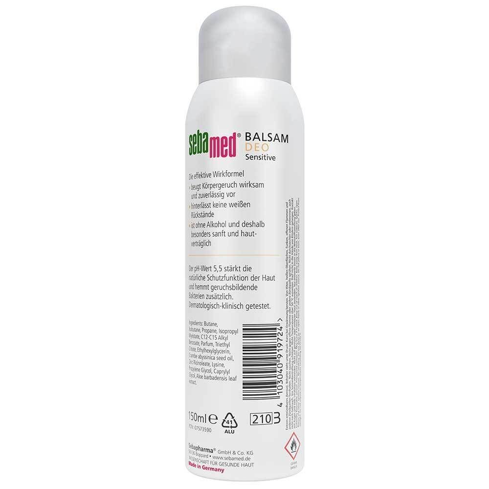 Rückseite einer Sebamed Balsam Deo Sensitive Sprühdose mit Inhaltsstoffen und Anwendungshinweisen.