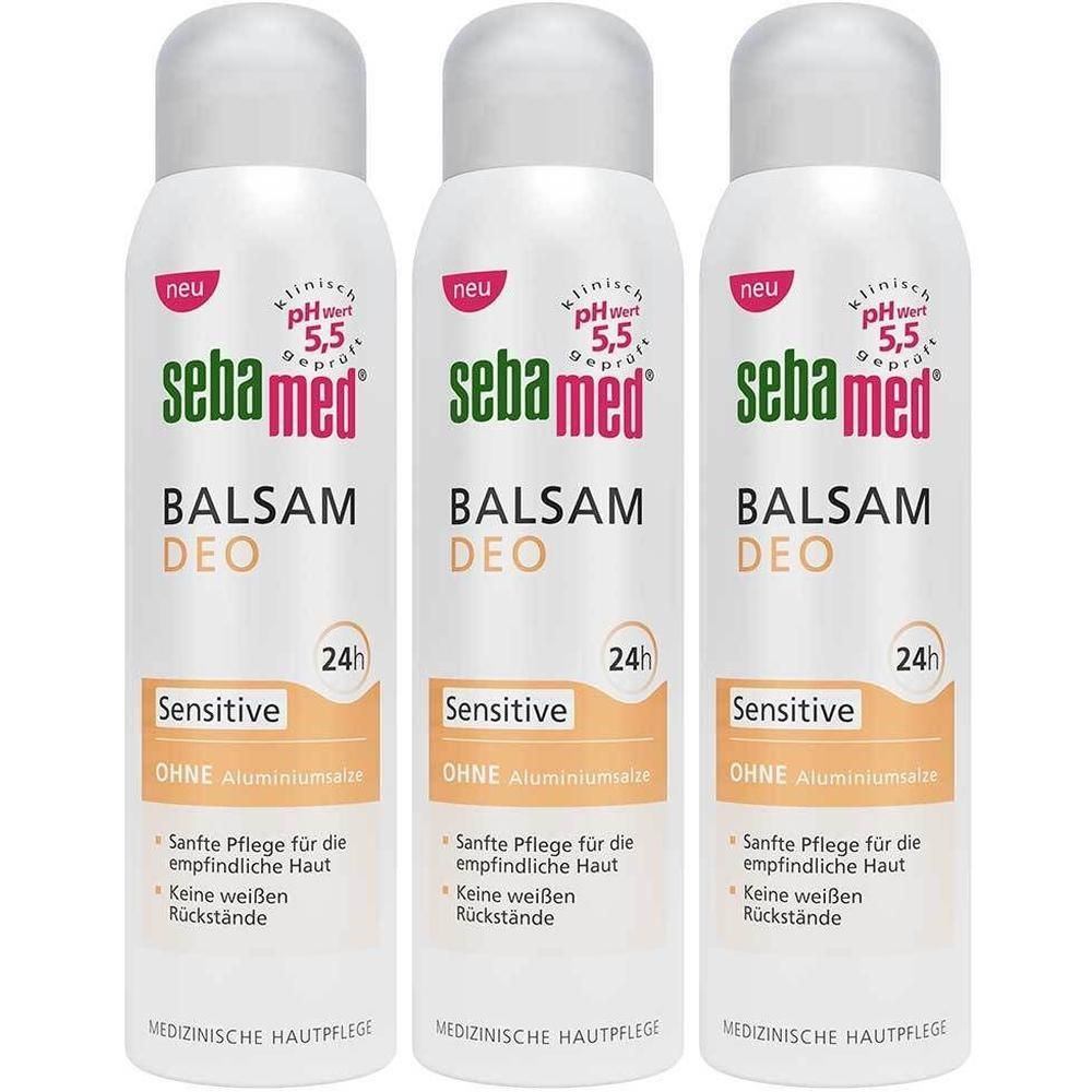 Drei sebamed® Balsam Deo Sensitive Sprays, 24h Schutz, ohne Aluminiumsalze, pH 5,5.