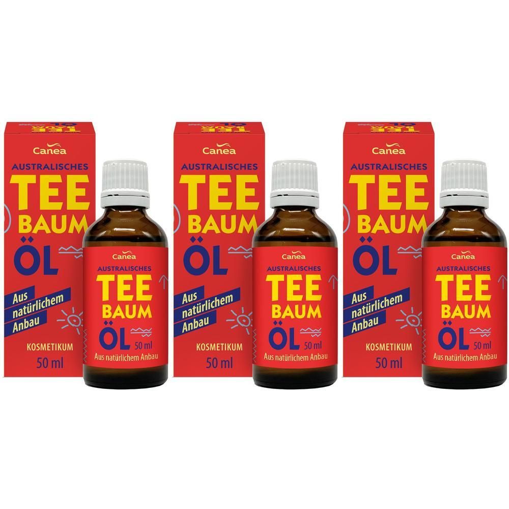 Drei Flaschen australisches Teebaumöl (50 ml) mit roten Kartons, "Canea" und "Australisches Teebaumöl" auf dem Etikett.