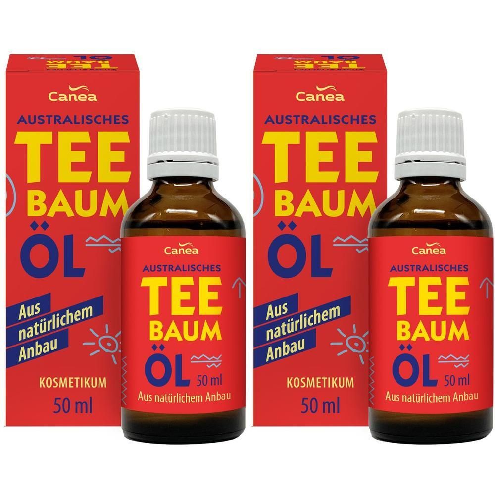 Zwei Flaschen australisches Teebaumöl (50 ml) mit roten Kartons. Kosmetikum aus natürlichem Anbau.