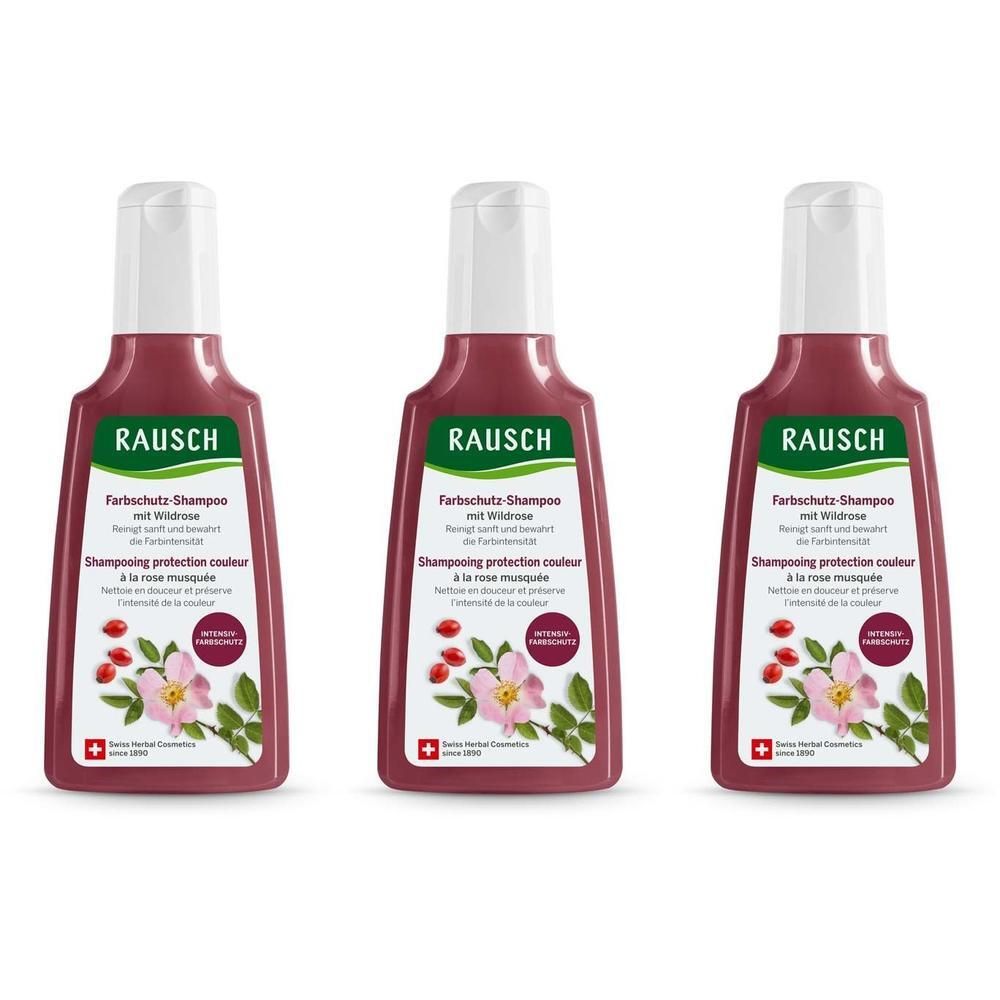 Drei Flaschen RAUSCH Farbschutz-Shampoo mit Wildrose, vorne mit Etikett und Wildrosen-Motiv.