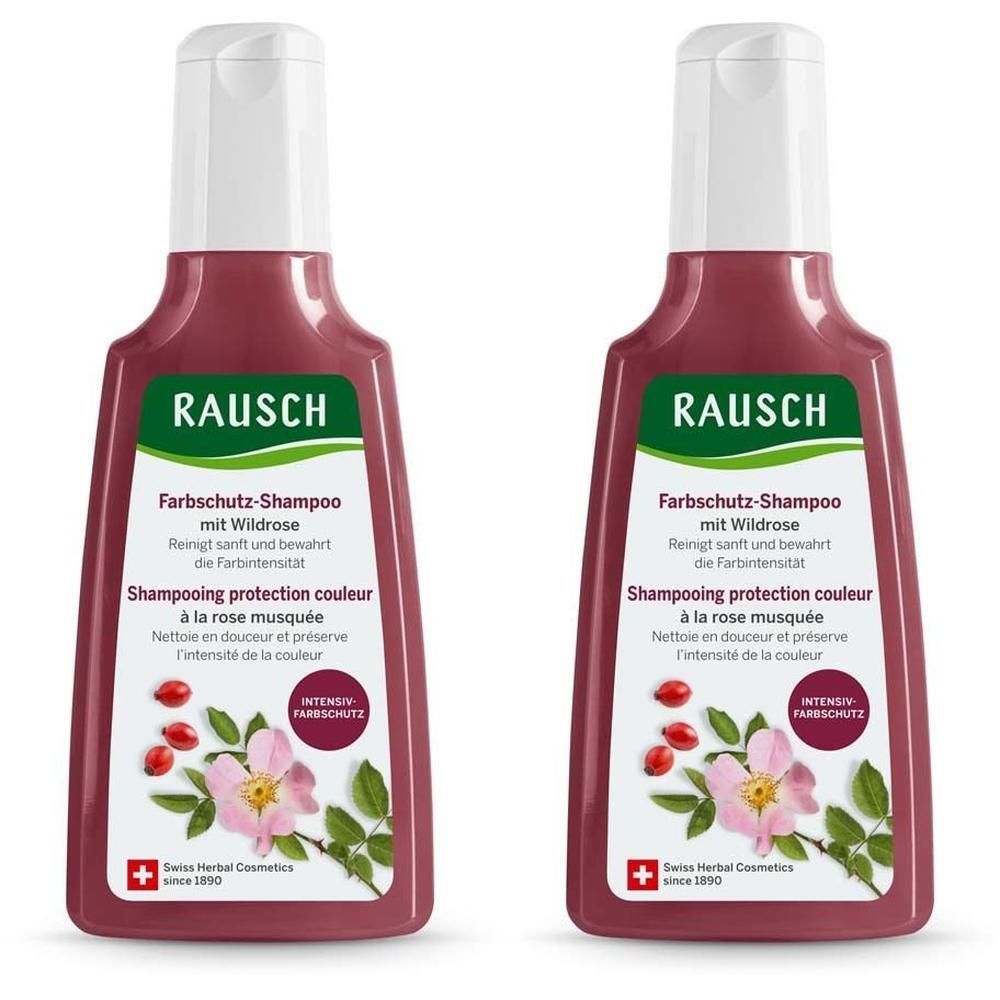 Zwei Flaschen RAUSCH Farbschutz-Shampoo mit Wildrose, mit Blüten- und Hagebuttenmotiv.