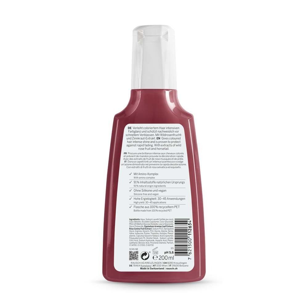 Rückseite einer Flasche RAUSCH Farbschutz-Shampoo mit Wildrose, mit Inhaltsstoffen und Anwendungshinweisen.