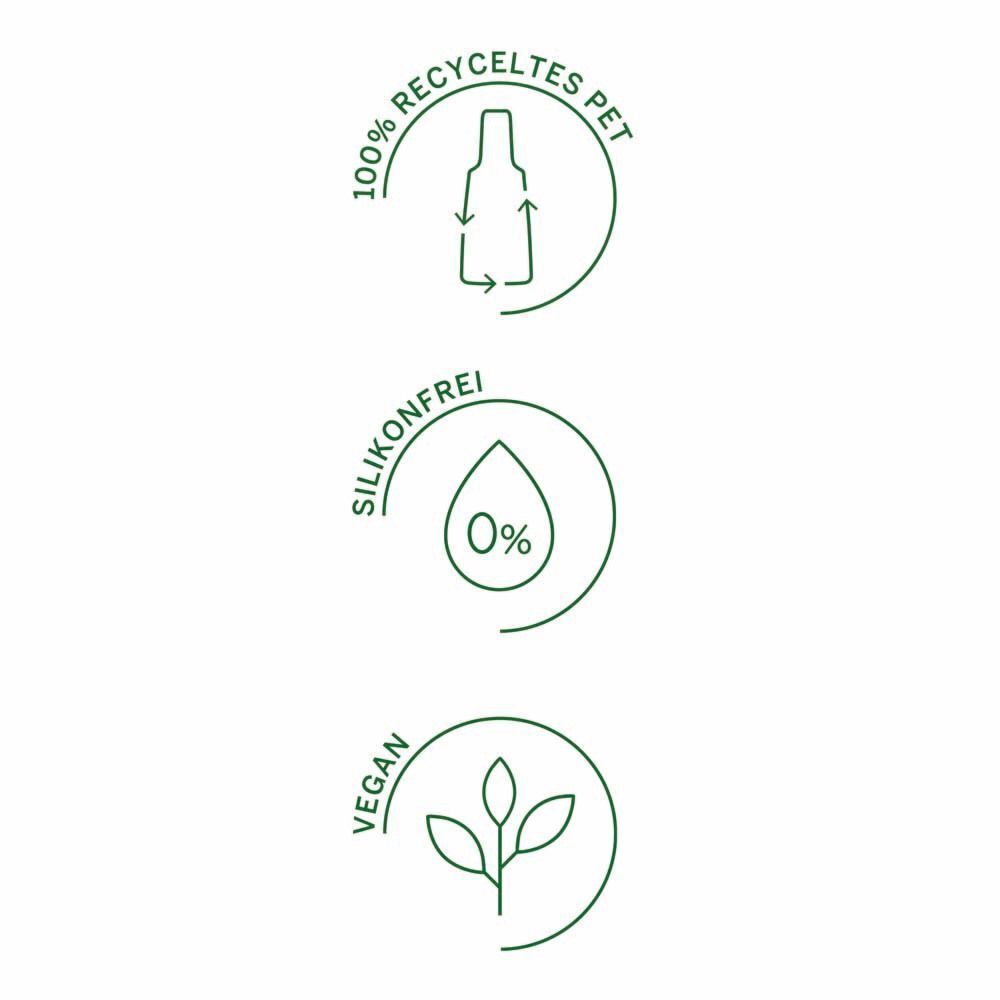 Drei Icons: 100% recyceltes PET, Silikonfrei, Vegan.