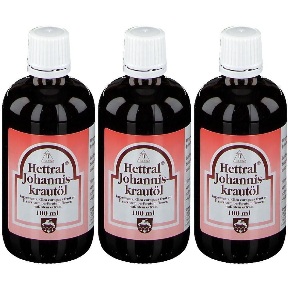 Drei Flaschen Hettal Johanniskrautöl, jeweils 100 ml.