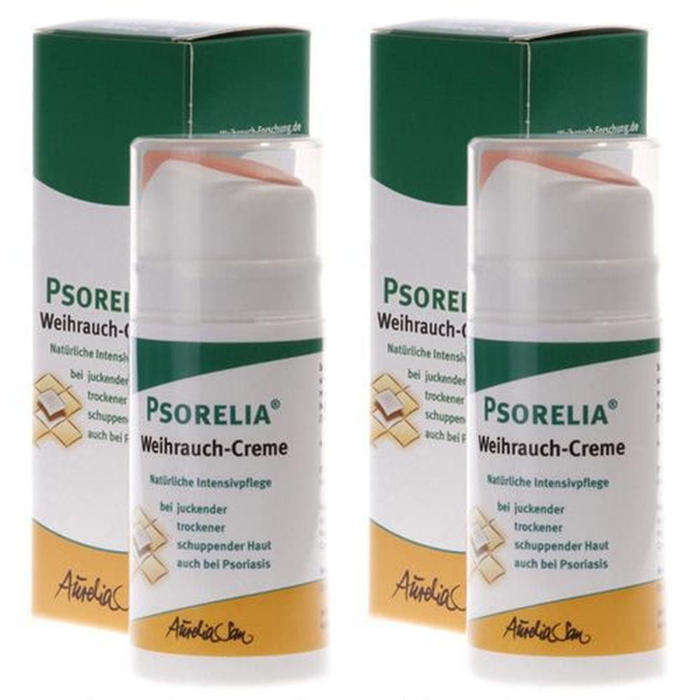 Zwei Flaschen Psorelia Weihrauch-Creme mit Pumpdosierer und Kartonverpackung.